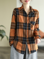 Spring Long Sleeve Stylish Lapel Plaid Loose Causal Shirt Dress