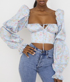 Ditsy Floral Puff Peasant Sleeve Keyhole Crop Top