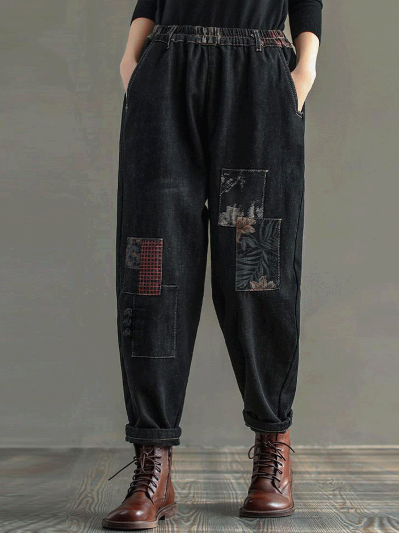 Schwarze Jogginghose aus Denim mit elastischem Patchwork-Bund