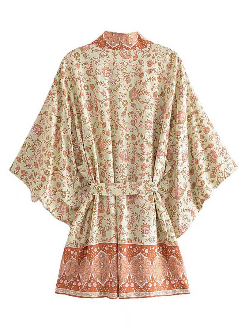 Short Floral Print Brown, Purple and Orange Color Cotton Short Length Gown Kimono Duster Robe