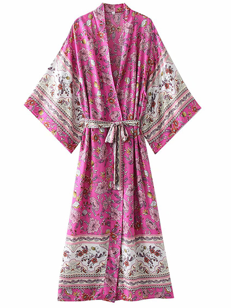 Pflanzenblumen-Druck, rosarote Farbe, Baumwolle, langes Kleid, Kimono, Staubtuch, Robe 