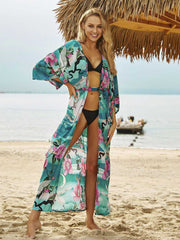 Kimono largo de playa con estampado floral, color verde, rayón, largo completo, bata tipo kimono