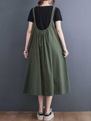 Plain Cotton Round-Neck Salopette Dress