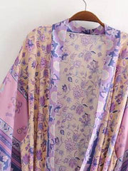 Kimono de playa con estampado floral, color violeta, de algodón, largo hasta el suelo