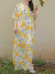 Vestido caftán de algodón con estampado floral amarillo