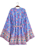 Short Floral Print Purple, Green, & Beige Cotton Short Length Gown Kimono Duster Robe