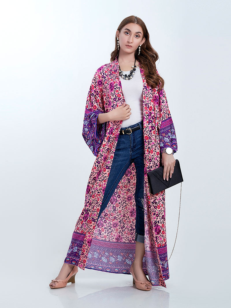 Brautmode Lange Länge Blumendruck Lila Farbe Baumwolle Kleid Kimono Robe