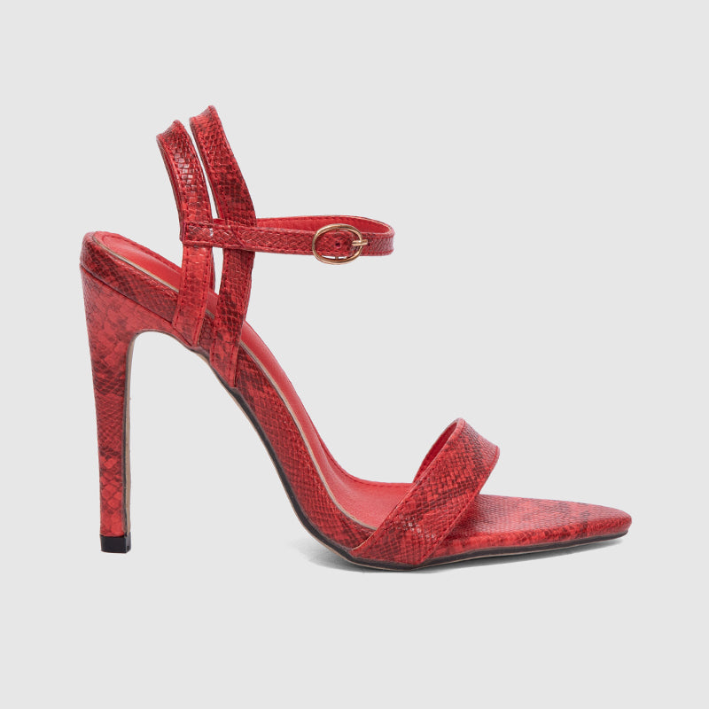 Ankle Strap Thin Heeled Sandals Snake Red