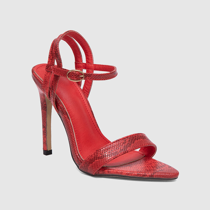 Ankle Strap Thin Heeled Sandals Snake Red