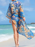 Beachwear Long Floral Print Blue Color Polyester Long Length Gown Kimono Duster Robe