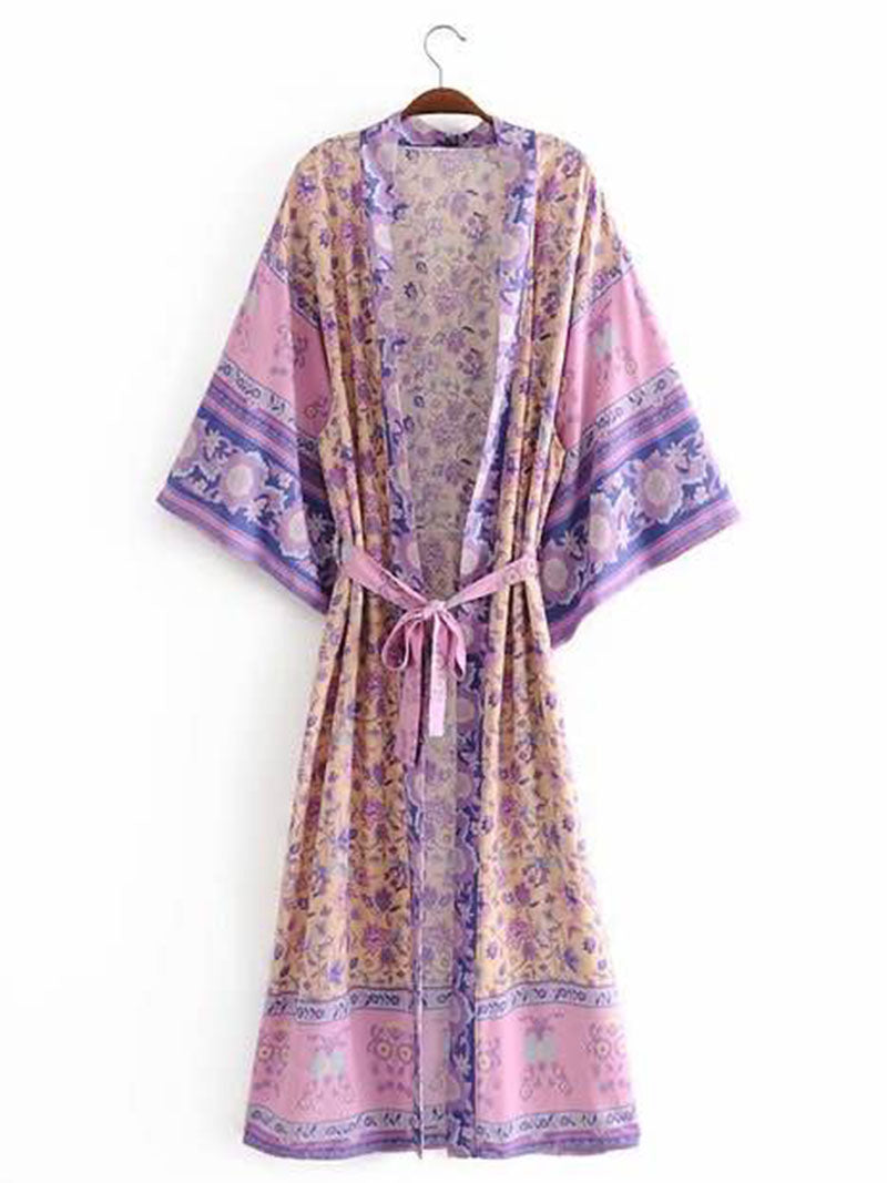 Strandmode Blumendruck Violett Farbe Baumwolle Lange Länge Kleid Kimono Duster Robe