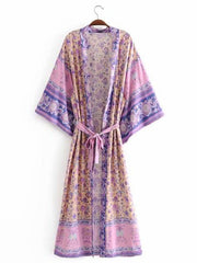 Strandmode Blumendruck Violett Farbe Baumwolle Lange Länge Kleid Kimono Duster Robe