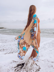 Kimono de algodón con estampado floral y pájaro grande en color marrón, largo hasta el suelo, estilo playero