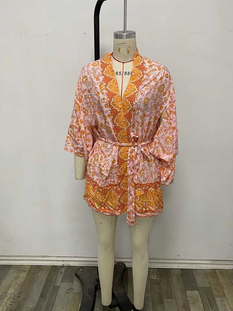 Short Floral Print Brown, Purple and Orange Color Cotton Short Length Gown Kimono Duster Robe