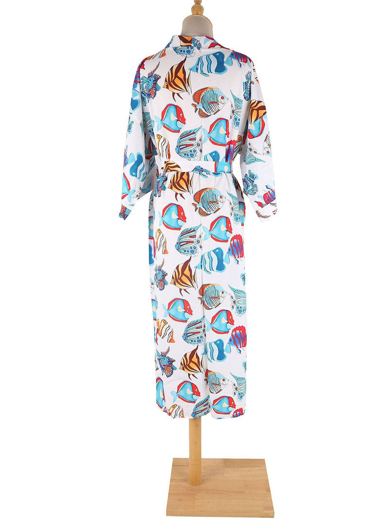 Swimwear Birds, Fish With Leaf Print Blue Color Cotton Long Length Gown Kimono