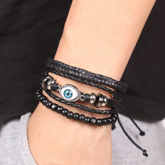 Pulsera de cuero trenzado con ojo malvado, color negro