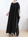 Plain Cotton Round-Neck Bat Sleeves Kaftan Dress