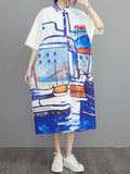 Abstract Art Print Cotton Short Sleeve A-Line Shirt Dress