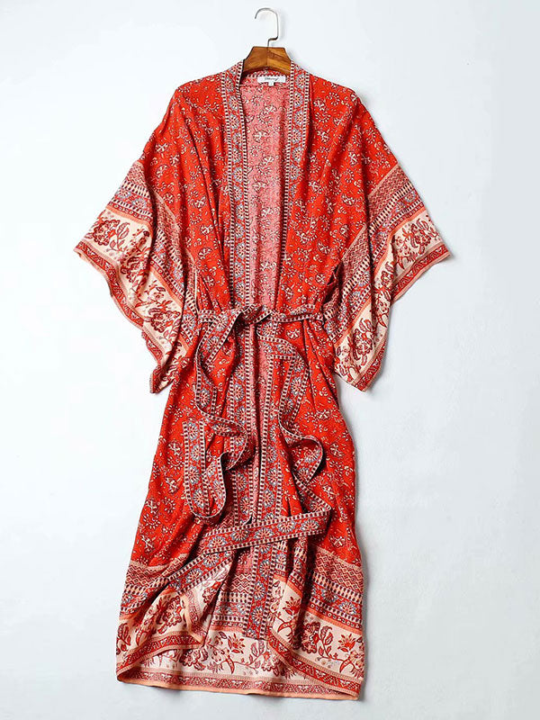 Brautkleid mit Blumendruck, rot, Baumwolle und Viskose, langes Kleid, Kimono