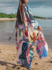 Kimono de poliéster con estampado floral y estampado de muñeca en la espalda, color multicolor, largo hasta el suelo, bata estilo kimono