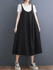 Plain Cotton Round-Neck Salopette Dress