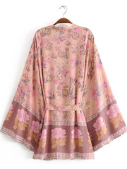 Kurzer Kimono mit Blumendruck, rosa, Baumwolle und Viskose, kurzes Kleid, Kimono, Staubmantel