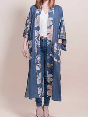 Kimono de fiesta con estampado floral de algodón y viscosa, color laguna azul.