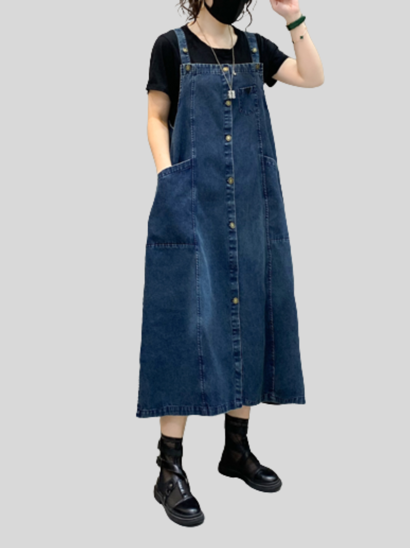 Women's Denim Midi-Length Over-The-Knee Casual Salopette Dress Emes Shop Women's Denim Midi-Length Over-The-Knee Casual Salopette Dress Emes Shop