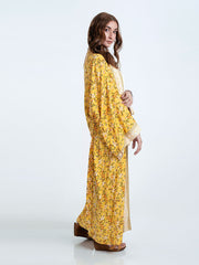 Vestido de fiesta nupcial con estampado floral, color amarillo, de algodón, largo hasta el suelo, bata tipo kimono