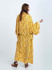 Vestido de fiesta nupcial con estampado floral, color amarillo, de algodón, largo hasta el suelo, bata tipo kimono