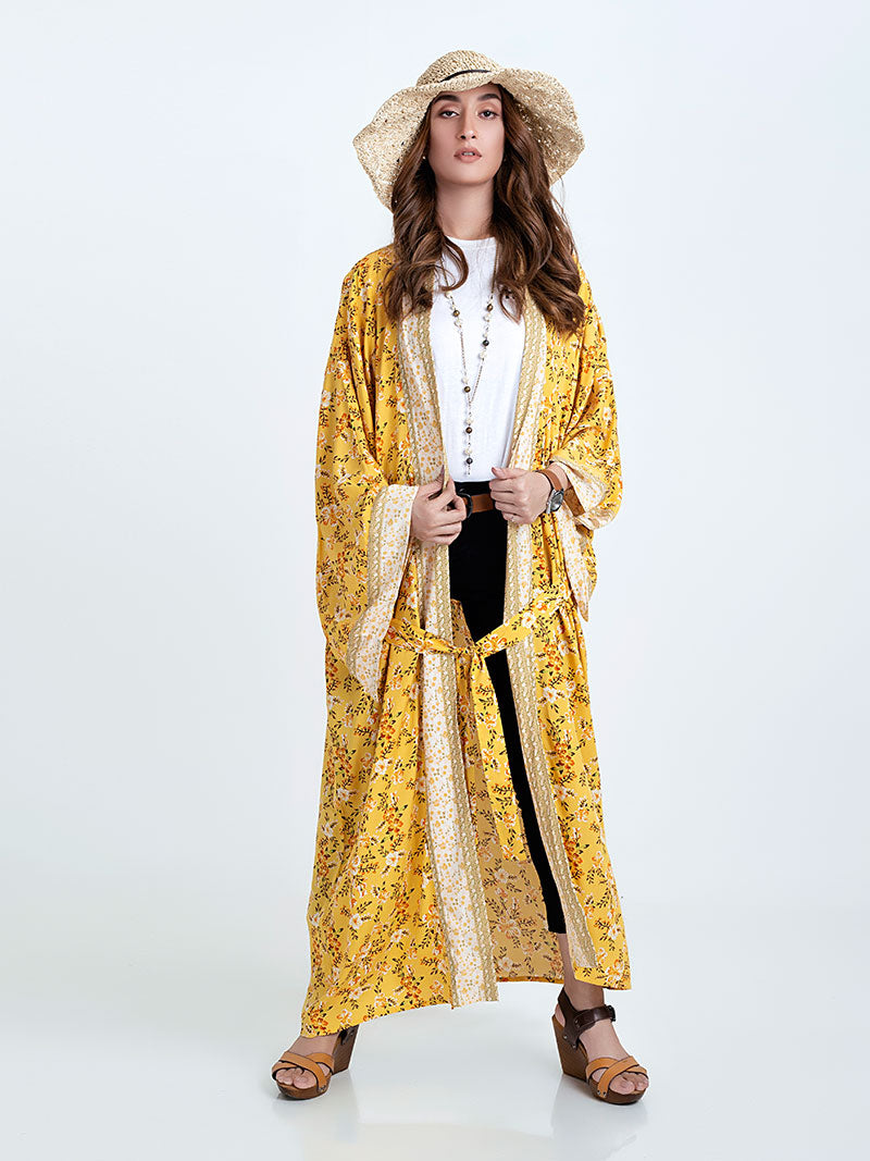 Vestido de fiesta nupcial con estampado floral, color amarillo, de algodón, largo hasta el suelo, bata tipo kimono