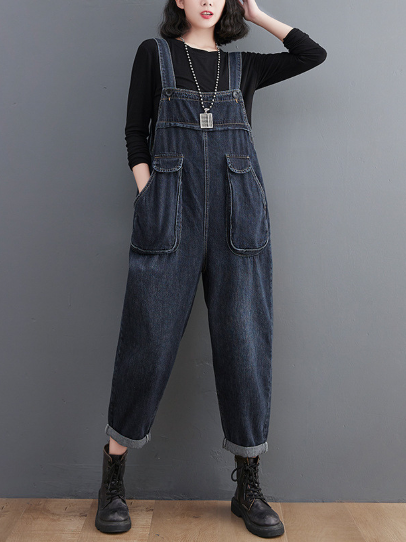 Stilvoller literarischer Retro-Overall in großer Größe mit lockerem schwarzem Denim