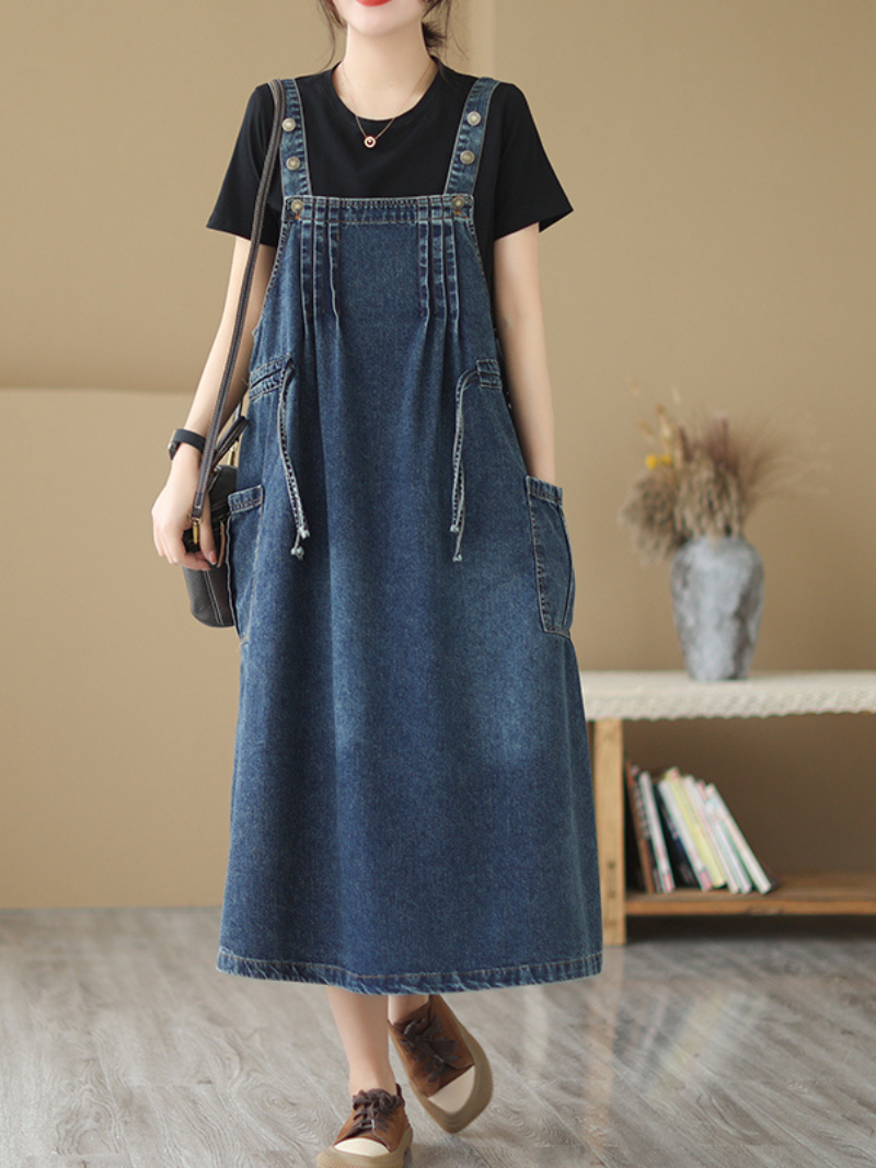 Pure Soul Denim Lockeres Latzkleid mit Rundhalsausschnitt