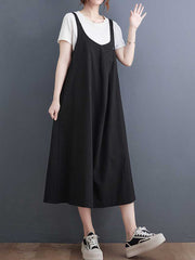 Plain Cotton Round-Neck Salopette Dress