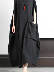 Elegante vestido caftán de gran tamaño, vestido de verano holgado de color liso con bolsillo