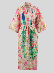 Hermoso cárdigan largo tipo kimono con estampado de pavo real de gran tamaño