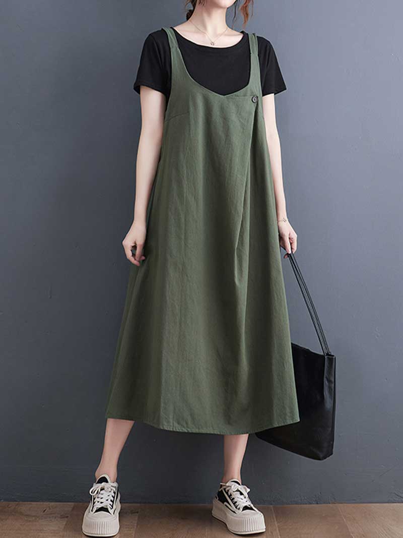 Plain Cotton Round-Neck Salopette Dress