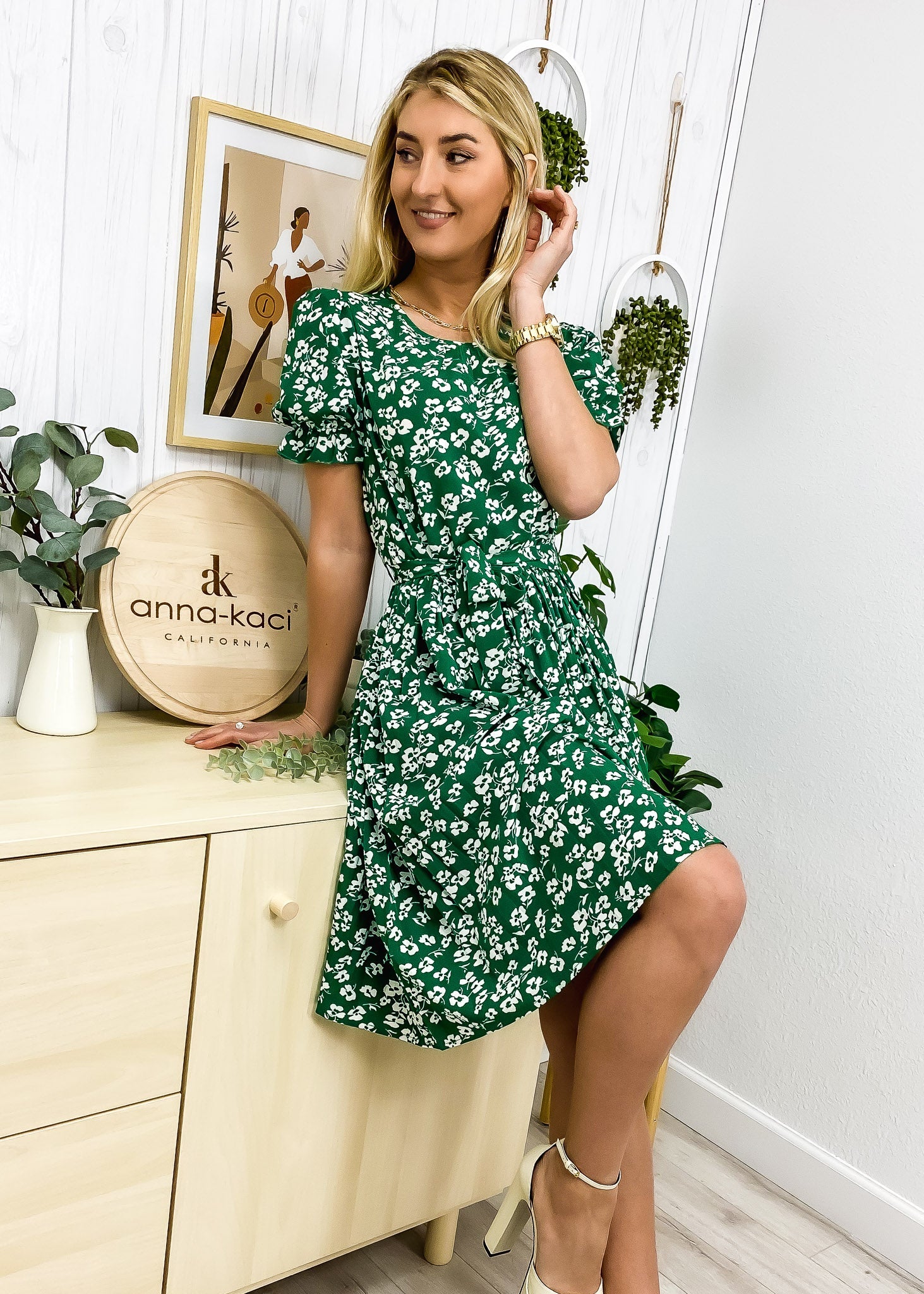 Floral Print Pleated Neck Dress