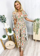 Jumpsuit mit Flatterärmeln und geometrischem Print