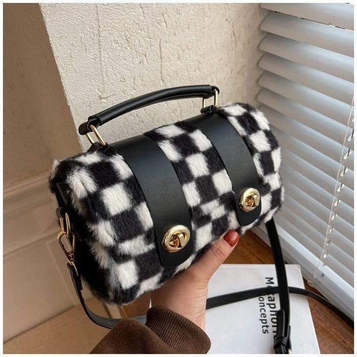 Fuzzy Checkered Print Bag