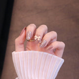 Medium Rounded Light Brown Press On Nails with Bow