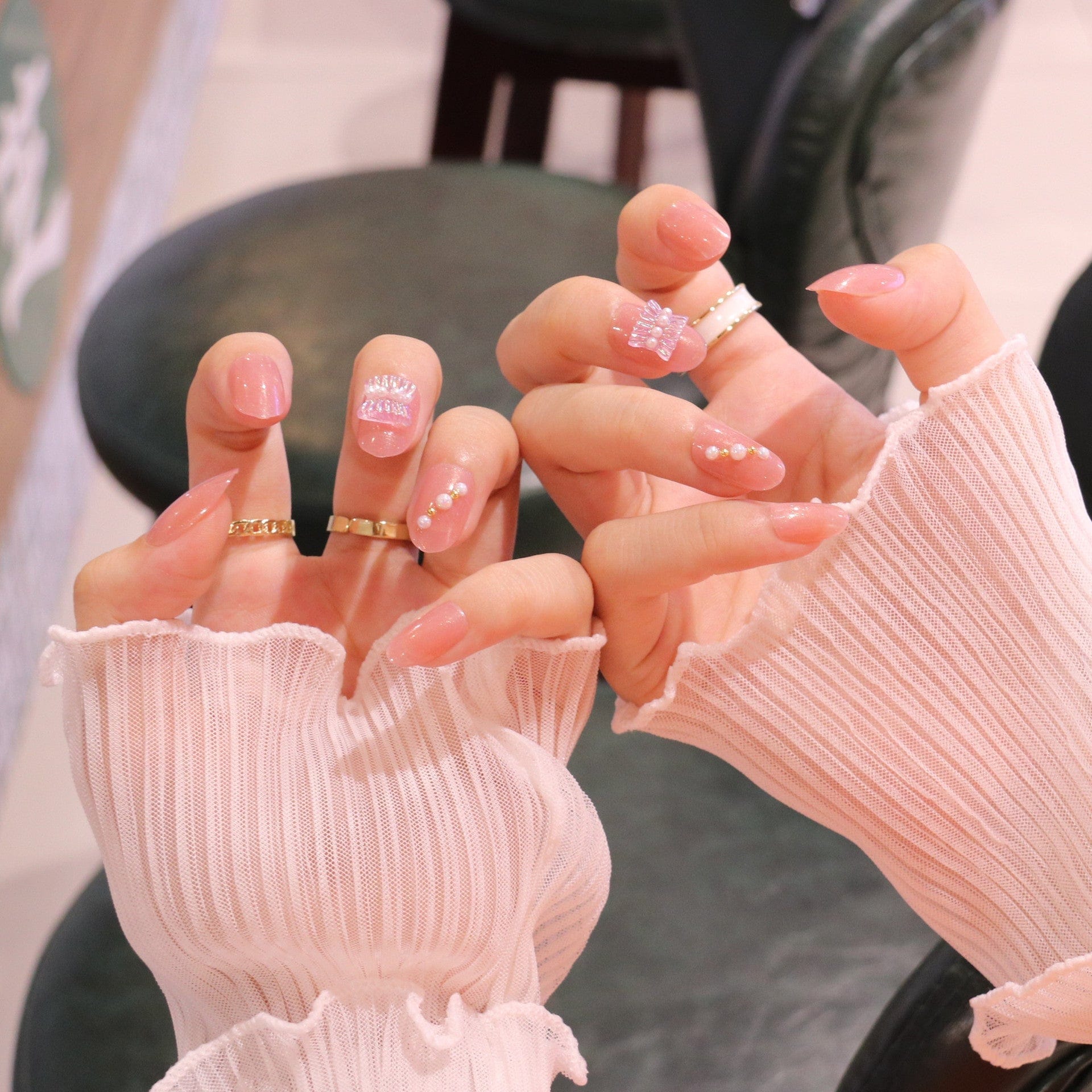 Medium Rounded Light Pink Press On Nails with Ruched Charm and Pearls