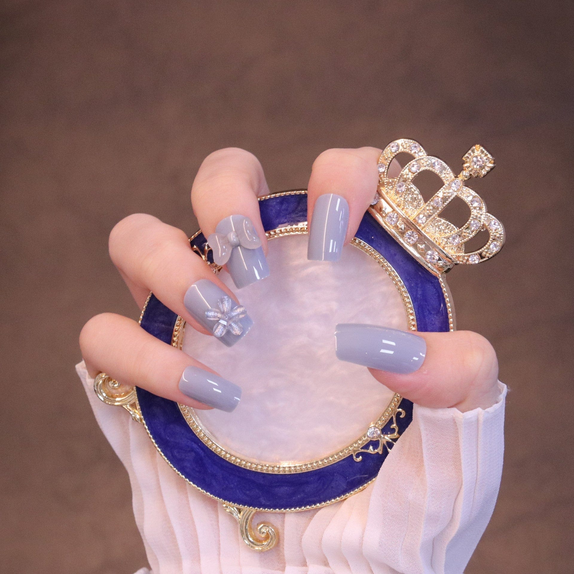 Medium Square Light Blue Press On Nails with Clear Bow and Flower