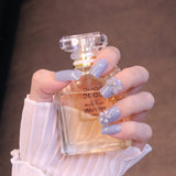 Medium Square Light Blue Press On Nails with Clear Bow and Flower
