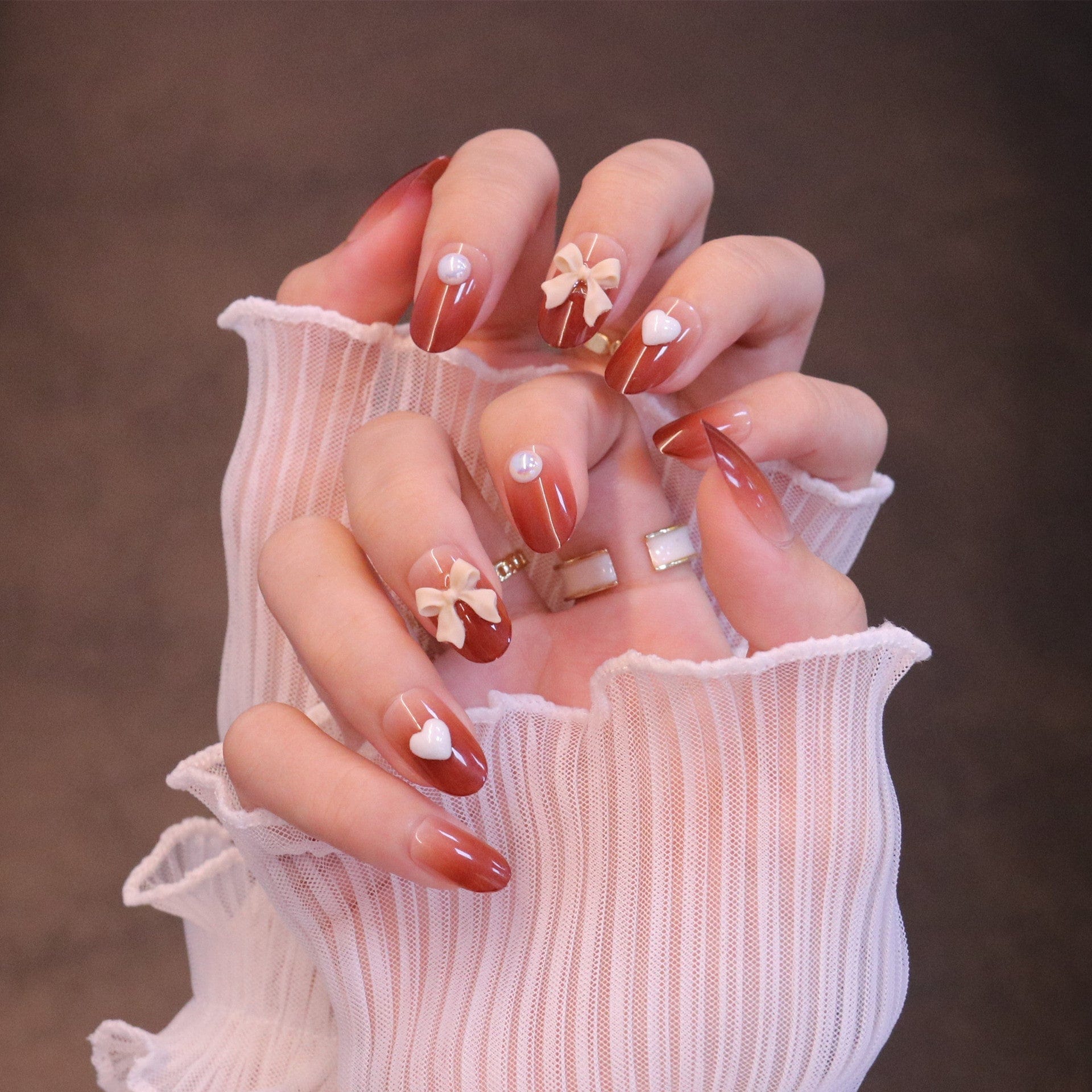 Medium Rounded Red Ombre Press On Nails with Bow and Heart