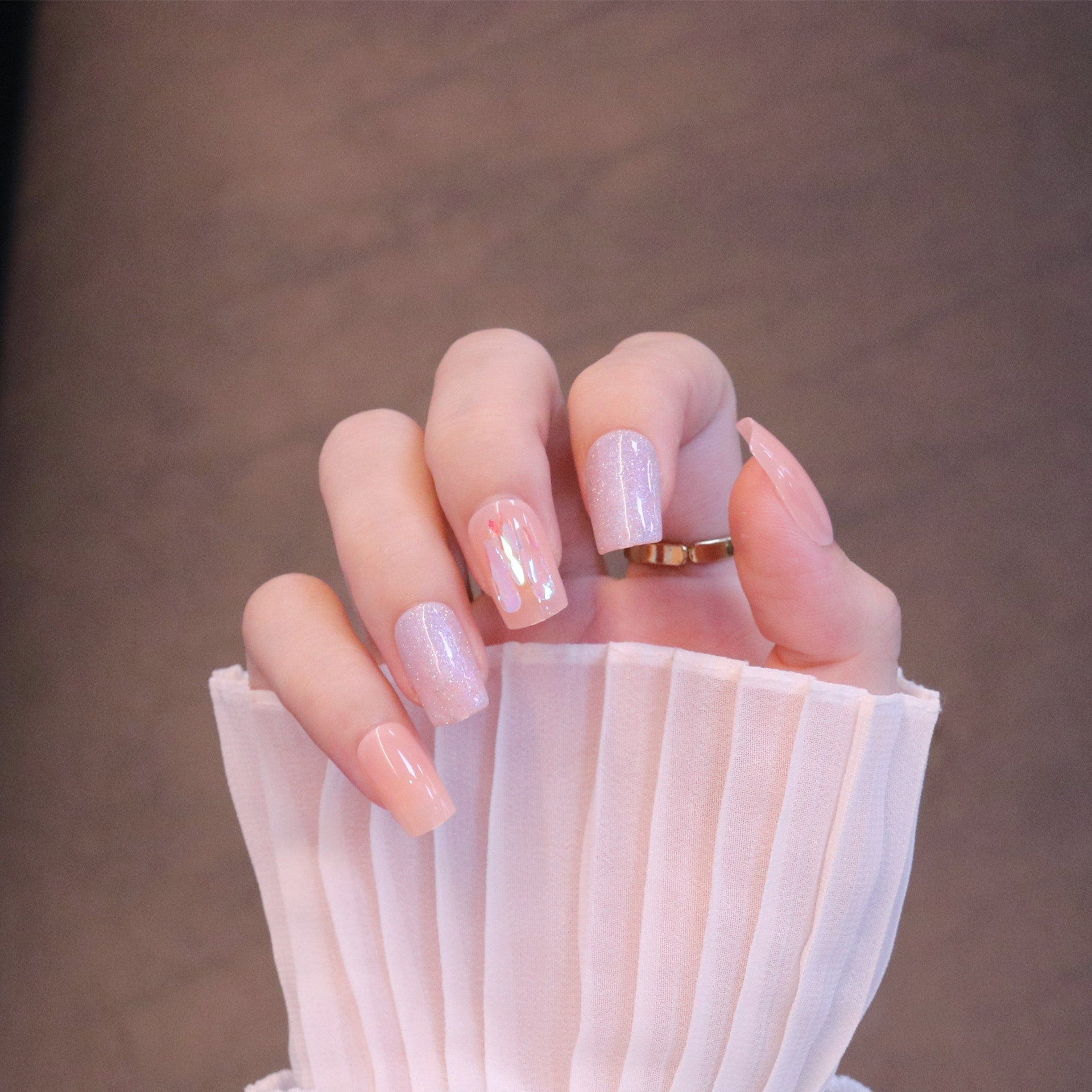 Medium Square Light Pink Press On Nails with Iridescent Flakes