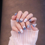 Medium Squared Blue Press On Nails with Bow Charms and Clouds