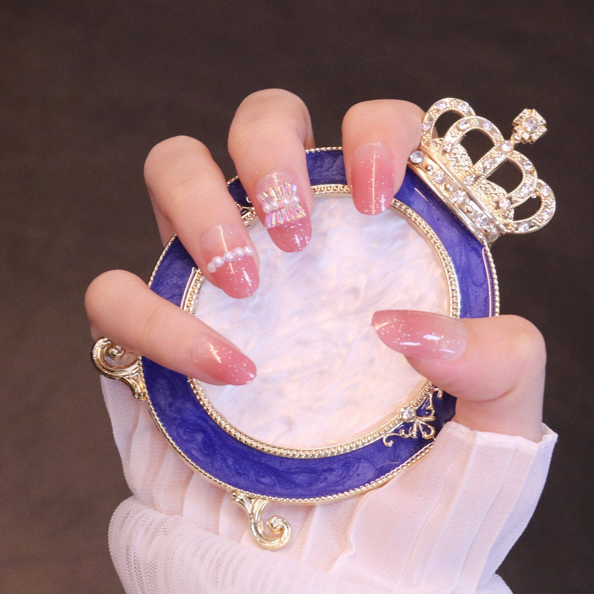 Medium Rounded Baby Pink Press On Nails with Ruched Charm and Pearls