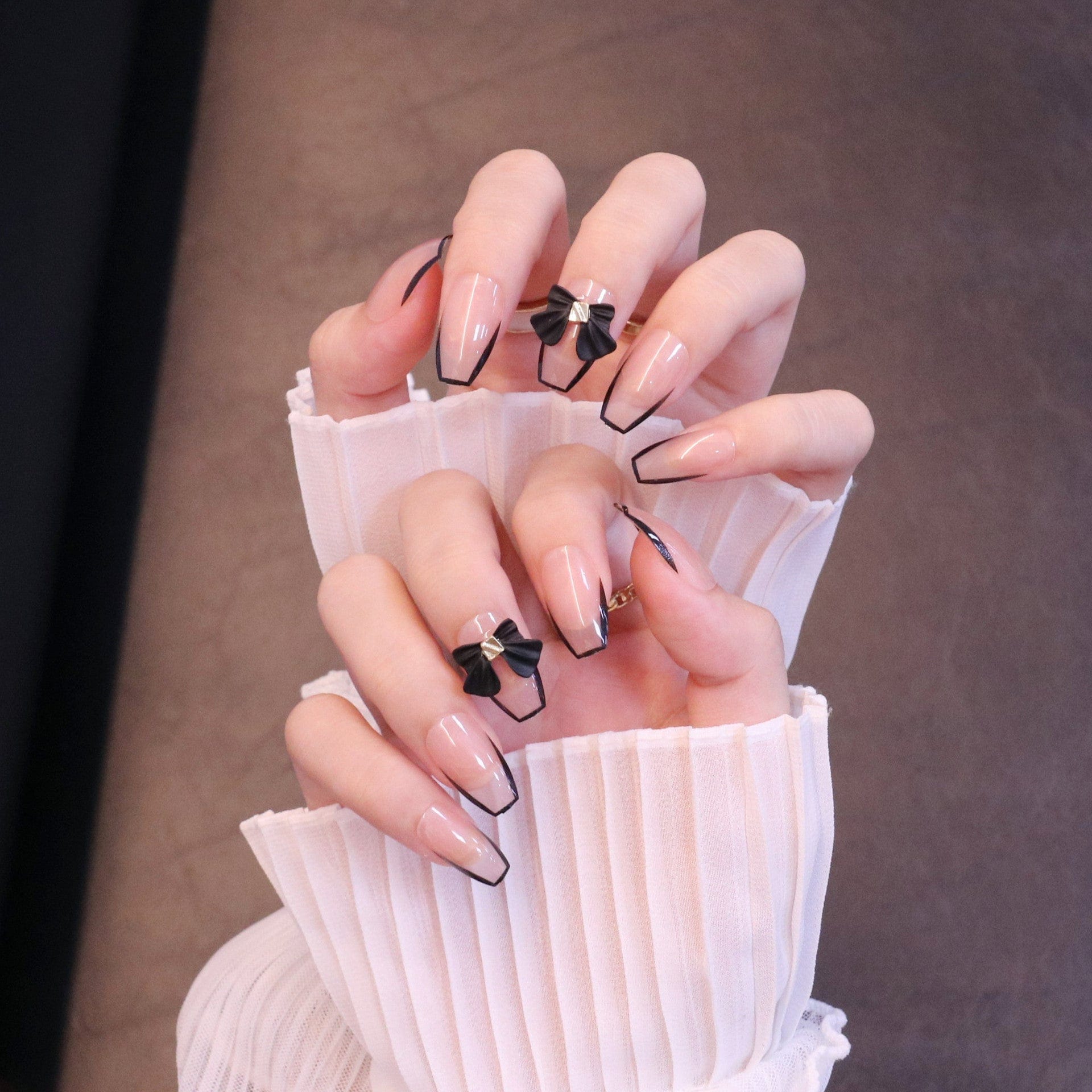 Medium Square Nude Press On Nails with Black Bow and French Tip