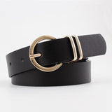 Faux Leather Belt with Classic Gold Round Buckle